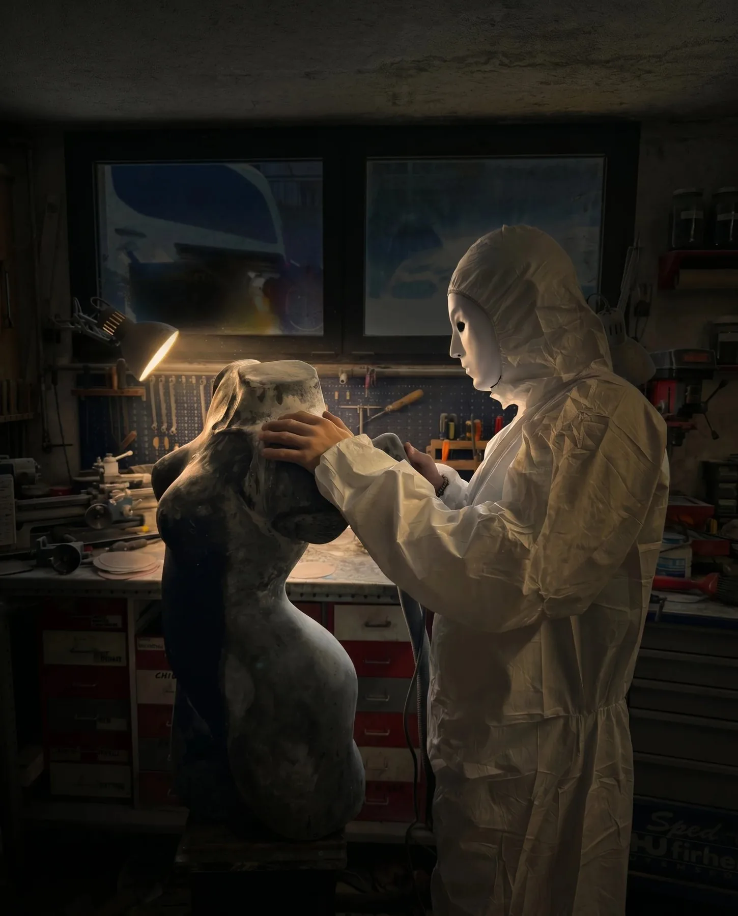 L'artista al lavoro nell'atelier — modellazione di un mezzo busto